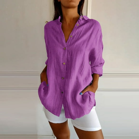 Women's Single Breasted Pleated Lapel Shirt Independent Station Explosion Women's Solid Color European And American Sleeve Top Purple