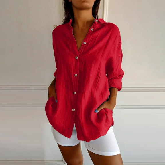 Women's Single Breasted Pleated Lapel Shirt Independent Station Explosion Women's Solid Color European And American Sleeve Top Red