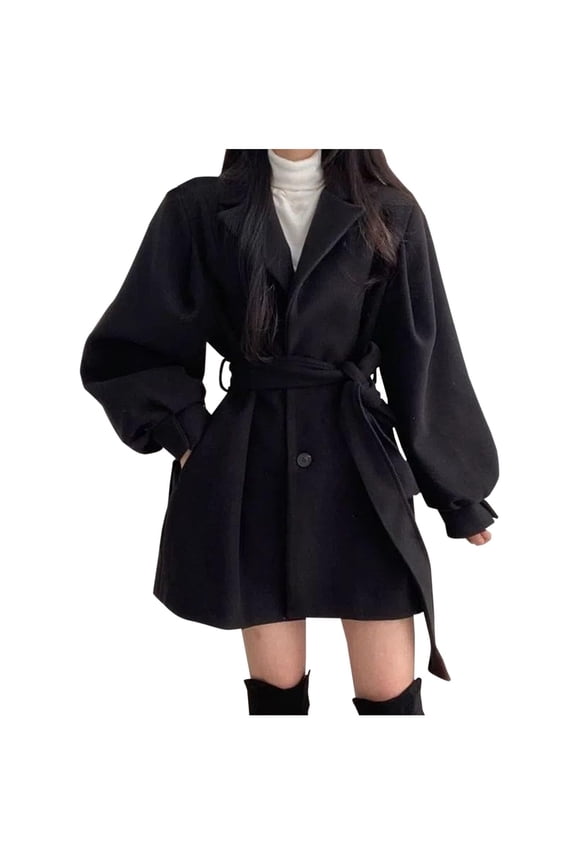 Women's Single Breasted Trench Coat Plus Size Winter Wool Jacket Single Breasted Waist Belt Mid Length Peacoat Overcoat
