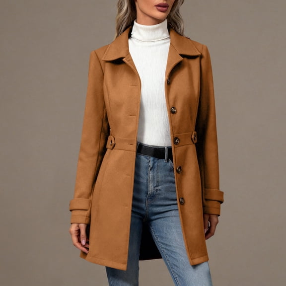 Women's Single Breasted Wool Blend Trench Coat, Mid-Length Notch Lapel Overcoat, Slim Fit Dress Coat, Classic Fall Winter Jacket, Business Casual Outerwear, Elegant Long Coat Coffee