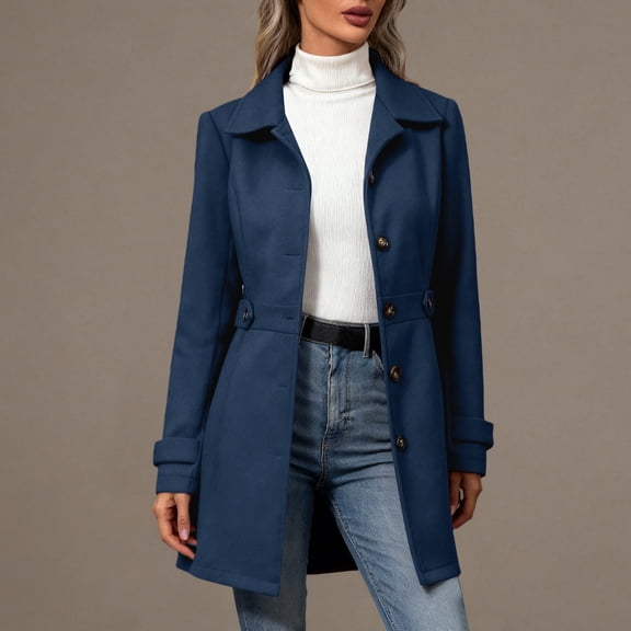 Women's Single Breasted Wool Blend Trench Coat, Mid-Length Notch Lapel Overcoat, Slim Fit Dress Coat, Classic Fall Winter Jacket, Business Casual Outerwear, Elegant Long Coat Navy