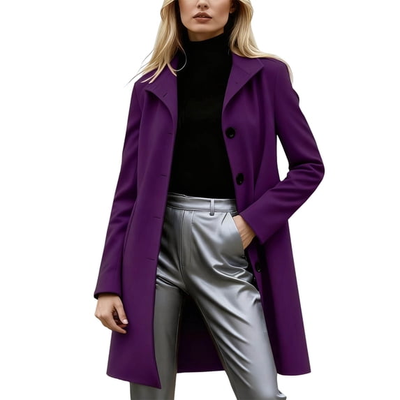 Women's Single Breasted Wool Coat Lapel Mid Length Slim Fit Winter Fall Office Business Casual Elegant Warm Outerwear with Pockets Purple