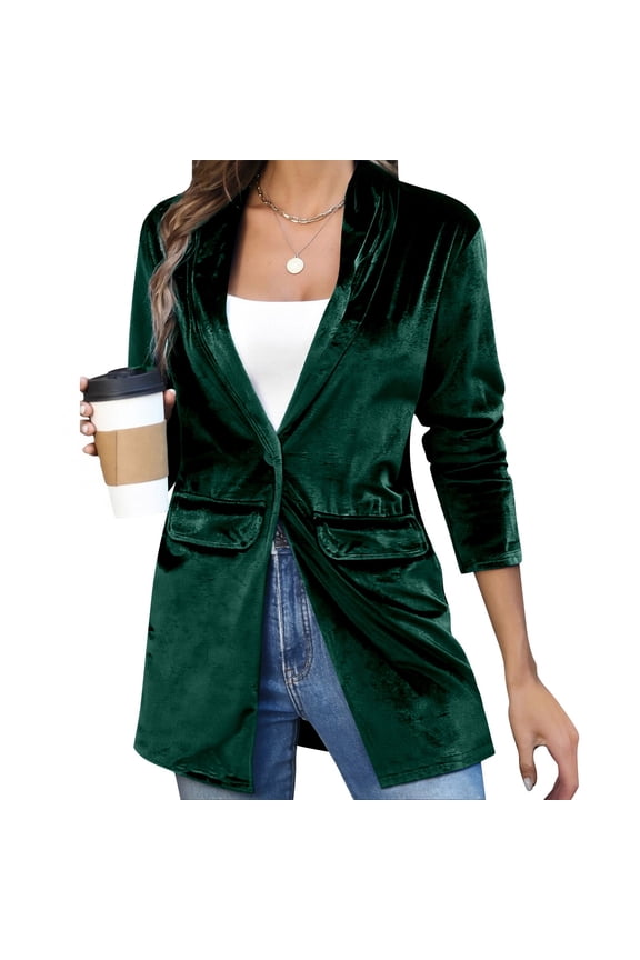 Women's Single Button Blazer, Tailored Loose Lapel Suit Jacket, Stretch Office Blazer, Casual Suit Jacket, Soft Long Sleeve Blazer Blackish Green S