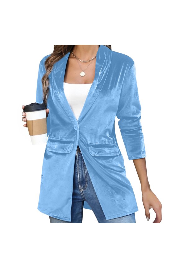 Women's Single Button Blazer, Tailored Loose Lapel Suit Jacket, Stretch Office Blazer, Casual Suit Jacket, Soft Long Sleeve Blazer Sky Blue S