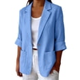 thumbnail image 1 of Women’s Single Button Cotton Linen Blazer Notched Lapel Jacket with Pockets, Breathable Roll up Long Sleeve Coat for Spring Fall Blue, 1 of 7