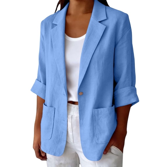 Women’s Single Button Cotton Linen Blazer Notched Lapel Jacket with Pockets, Breathable Roll up Long Sleeve Coat for Spring Fall Blue