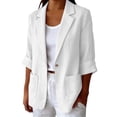 thumbnail image 1 of Women’s Single Button Cotton Linen Blazer Notched Lapel Jacket with Pockets, Breathable Roll up Long Sleeve Coat for Spring Fall White, 1 of 7