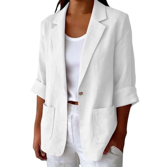 Women’s Single Button Cotton Linen Blazer Notched Lapel Jacket with Pockets, Breathable Roll up Long Sleeve Coat for Spring Fall White