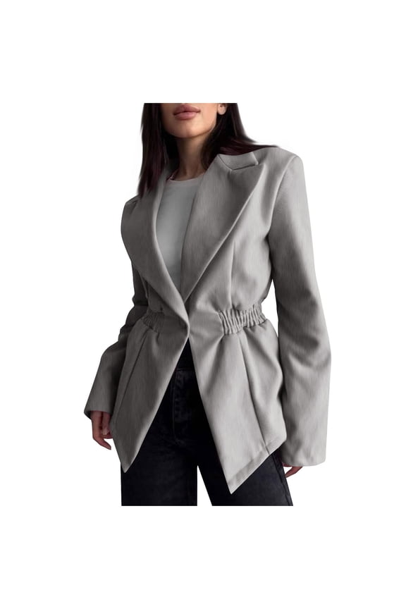 Women's Single Button Solid Color Business Jacket Pleated Waist Slim Fit Lapel Long Sleeve Blazer