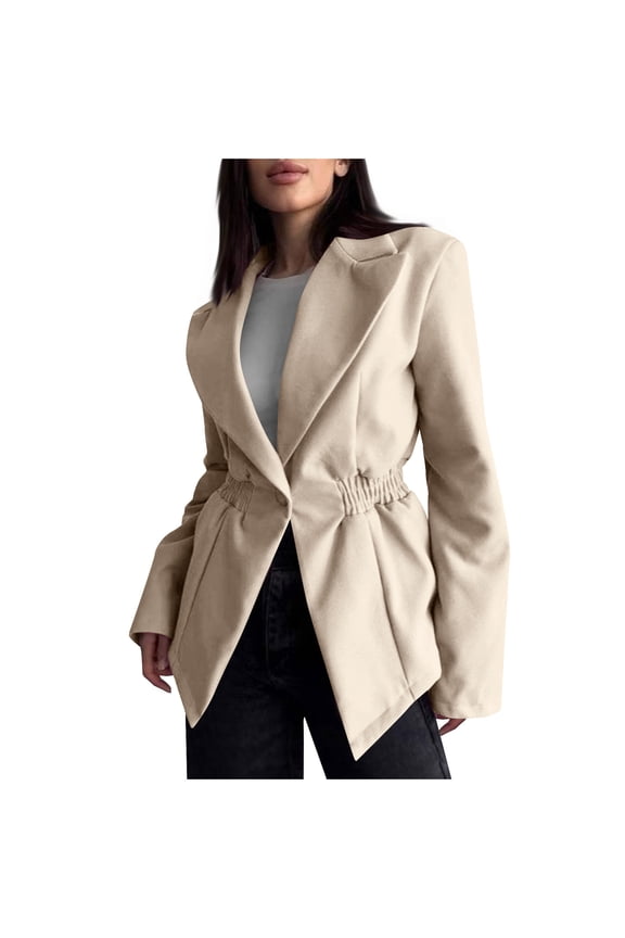 Women's Single Button Solid Color Business Jacket Pleated Waist Slim Fit Lapel Long Sleeve Blazer