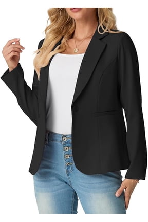 Women's Single-Button Tailored Blazer Jacket – Notch Lapel, Lightweight Suit Coat Black 14