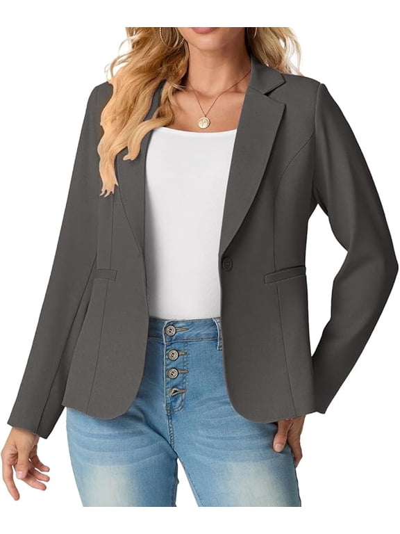 Women's Single-Button Tailored Blazer Jacket – Notch Lapel, Lightweight Suit Coat Dark Gray 12