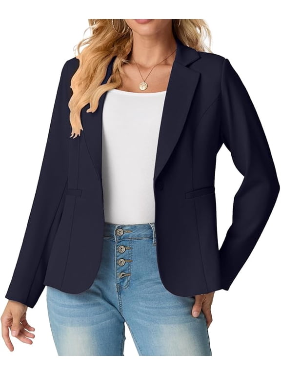 Women's Single-Button Tailored Blazer Jacket – Notch Lapel, Lightweight Suit Coat Navy Blue 12