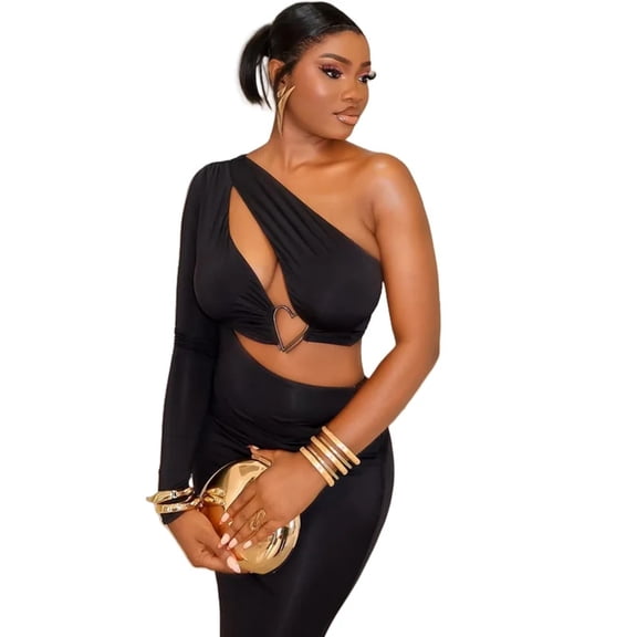 Women's Single Long Sleeve Diagonal Collar Hollow-Out Crop Irregular Dress, Metal Heart-Shape Decoration, Split, Hips Wrapped