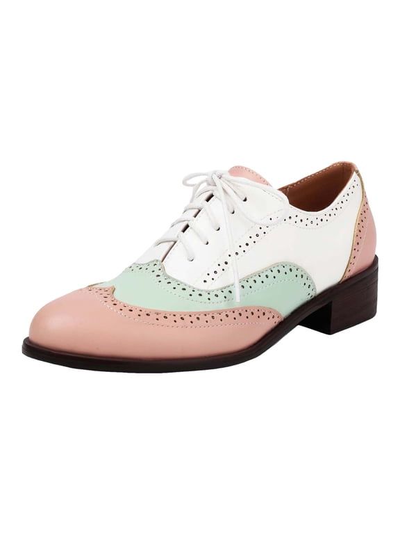 Women's Single Shoe Color Blocked Lace Up Low Heel Blok Women's Shoes