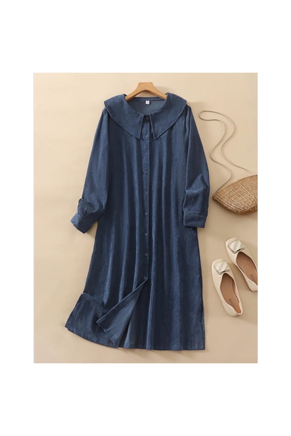 Women's Single breasted Long Sleeve Maxi Dress Casual Loose Fit