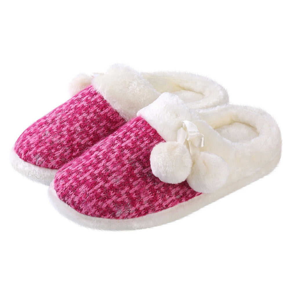 Women’s Size 8 Cozy Plush Fleece-Lined House Slippers, Pink Closed Toe Slip-On Indoor Bedroom Slippers with Pom-Pom Accent