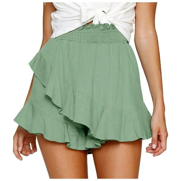 Women's Skate Skirt Mini Wrap Beach Shorts - High Waist Ruffled Linen Shorts, Elastic Waist for Casual/Swimming/Streetwear, Pair with Crop Tops/Tees