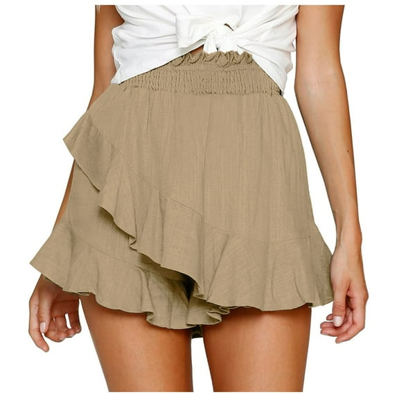 Women's Skate Skirt Mini Wrap Beach Shorts - High Waist Ruffled Linen Shorts, Elastic Waist for Casual/Swimming/Streetwear, Pair with Crop Tops/Tees