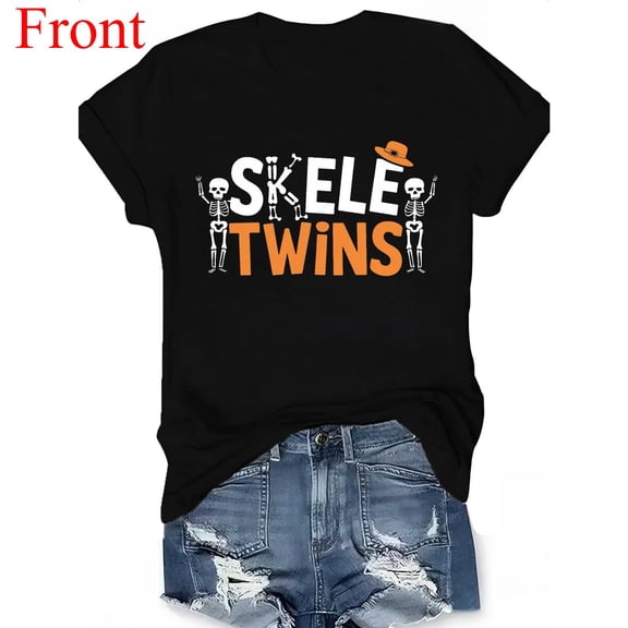 Women's Skeleton Graphic T-Shirt, Twin Skeletons Design for Halloween, Comfortable Casual Top for Themed Parties,Fashion,cotton,black,S-5XL