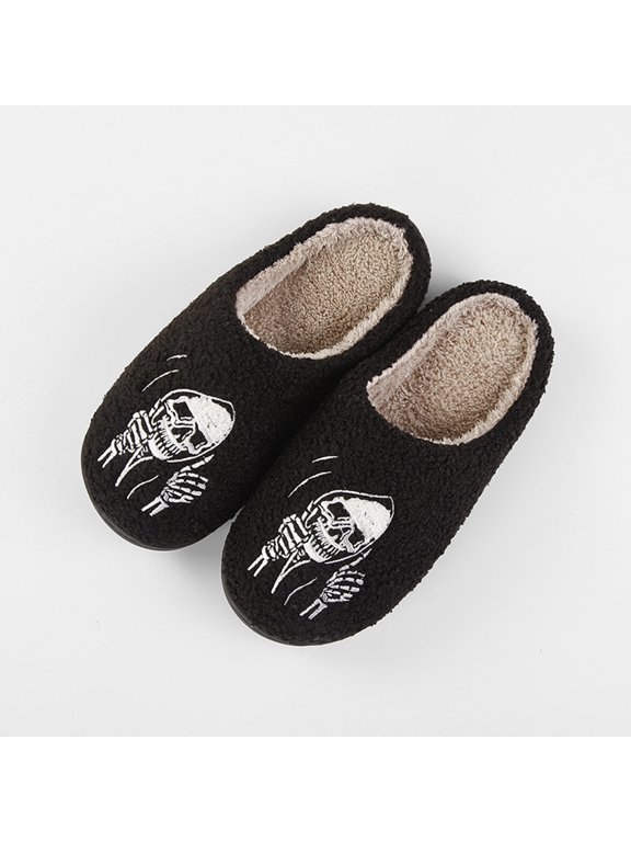 Women's Skeleton Hand Holding Phone Print Fuzzy Mule Slippers, Funny Skull Skeleton Graphic Black Teddy Fleece Closed Toe House Shoes, Flat Non-Slip Sole Warm Indoor Bedroom Slippers
