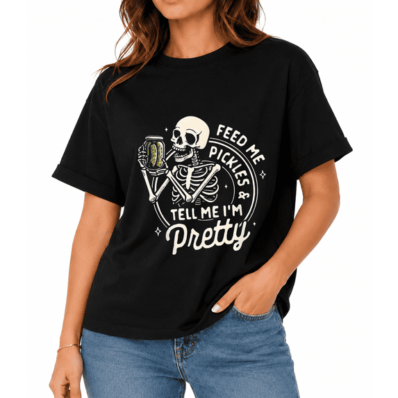 Women's Skeleton Pickle Skeleton Halloween Graphic T-Shirt, Fall Party Casual Short Sleeve Tee