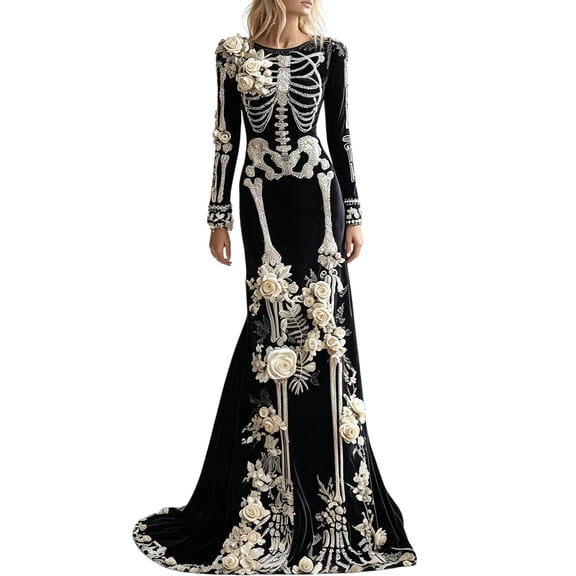 Women's Skeleton Print Maxi Dress Long Sleeve Halloween Dresses for Women