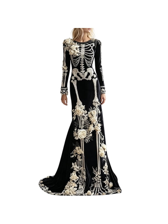 Women's Skeleton Print Maxi Dress Long Sleeve Halloween Dresses for Women