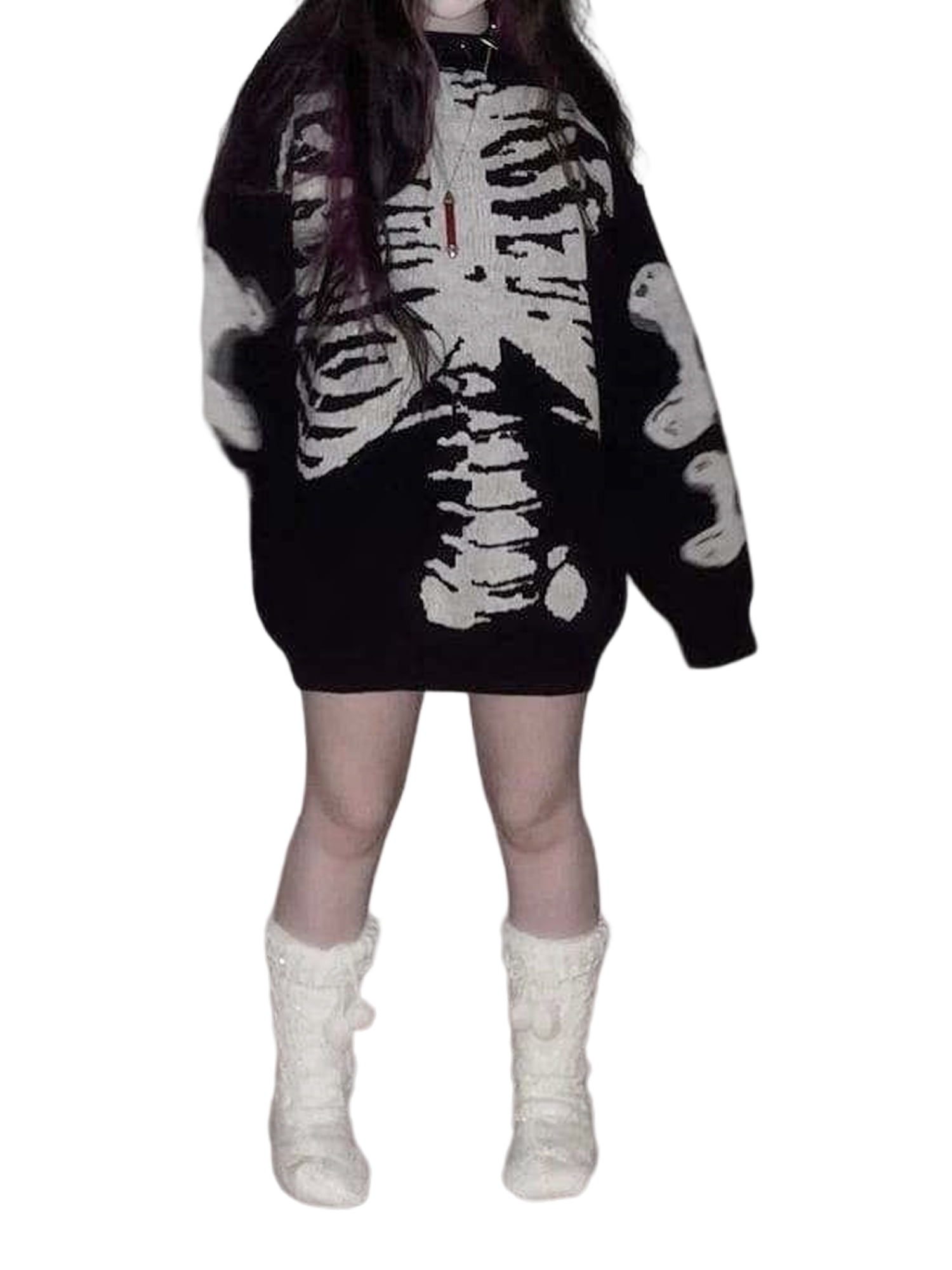 Women s Skeleton Printed Graphic Halloween Sweater Vintage Knitted Sweater Long Sleeve Round Neck Loose Fit Pullover Jumper Walmart