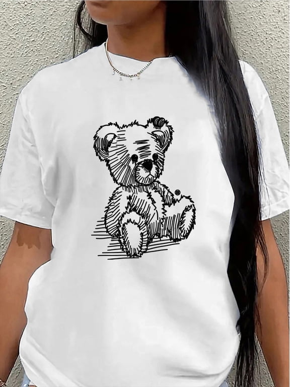 Women’s Sketch Teddy Bear Graphic Short Sleeve T‑Shirt, Casual Crew Neck Cute Bear Print Tee for Daily Wear