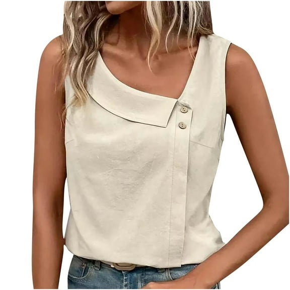 Women's Skew Neck Dressy Tank Button Front Casual Sleeveless Tops Loose Office Blouse Summer Shirts