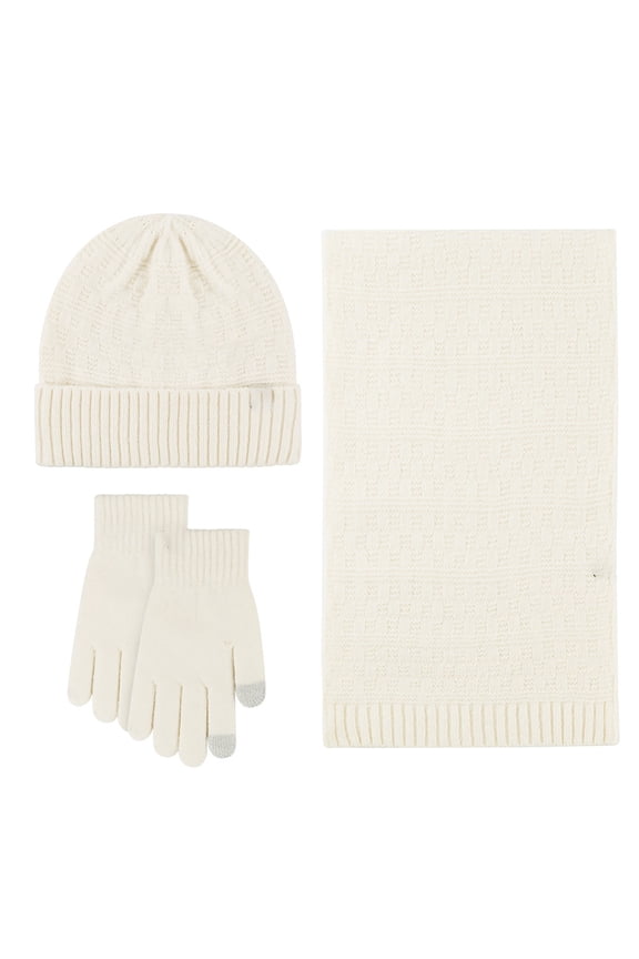 Women's Ski Hat and Scarf Set, Winter Knit Beanie Gloves Set, Fleece Lined 3-Piece Set, Cold Weather Ski Accessories, Matching Winter Gift White