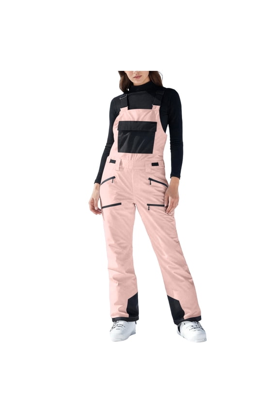 Women's Ski Snow Bib Pants Winter Warm Windproof Snowboard Softshell Overalls Casual Color Block Suspenders Romper with Detachable Suspender