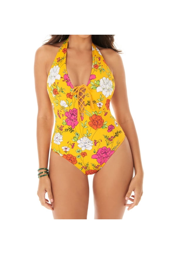pers Women's Mac & Cheese Sirene Lace Up One Piece Swimsuit Yellow Size Medium