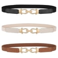 thumbnail image 1 of Women’s Skinny Elastic Waist Belts with Gold Buckle, 3 Pack Retro Thin Stretch Belts for Dresses, Skirts, and Jeans – Black, Brown, Beige, 1 of 4