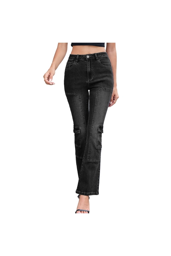 Women's Skinny Flared Jeans Low Rise Patchwork Trousers with Pocket Lifting Slim Denim Pants