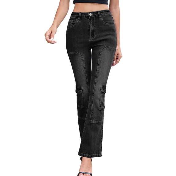 Women's Skinny Flared Jeans Low Rise Patchwork Trousers with Pocket Lifting Slim Denim Pants