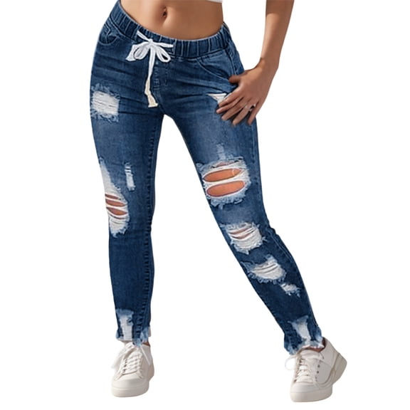 Women's Skinny Jeans High Waist Stretch Ripped Jean Pants Drawstring Elastic Denim Tight Trousers with Pockets Patchwork Jeans Blue XXL