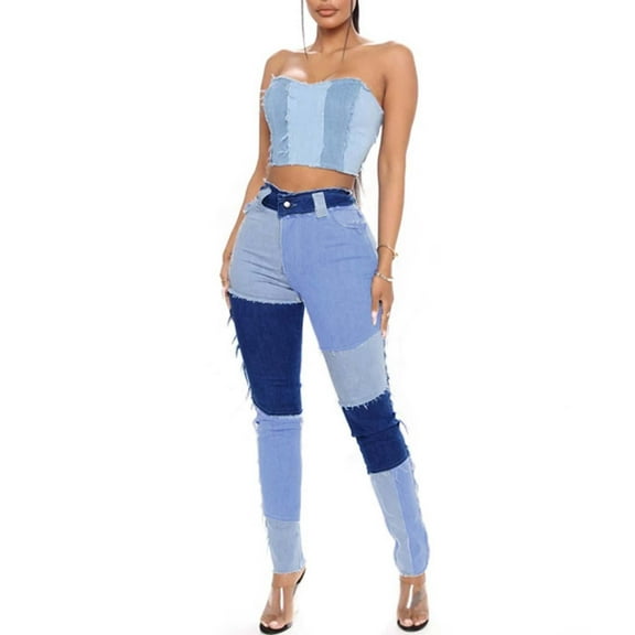 Women's Skinny Jeans Stretchy High Rise Tummy Control Trendy Jeggings Denim Pants Blue 3XL