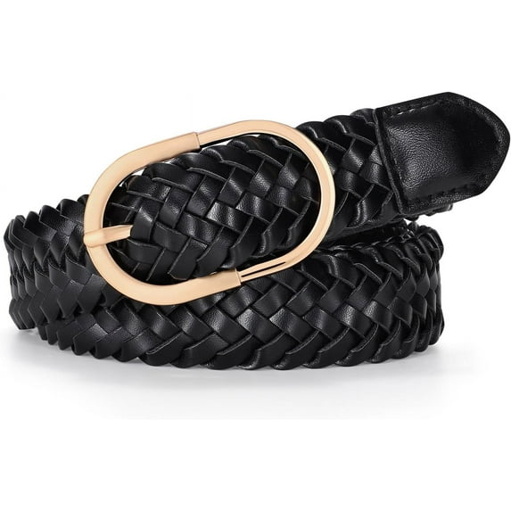 Women's Skinny Leather Braided Belt, Hand-Woven Thin Belt with Gold Buckle for Women for Jeans Pants Dresses
