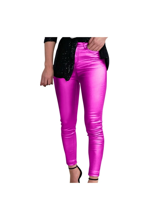 Women's Skinny Leather Pants Bright Pencil Pant Casual Fitness Fashion Jeggings With Pockets