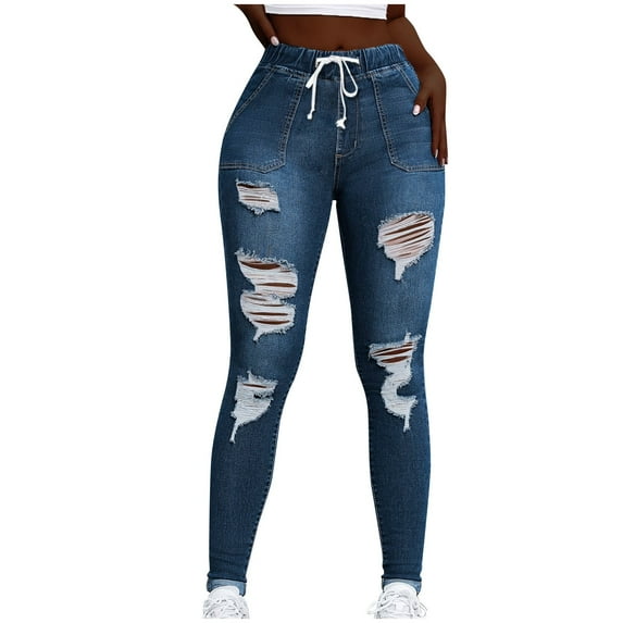 Women's Skinny Ripped Jeans High Waist Stretch Pencil Jean Pants Drawstring Elastic Denim Tight Trousers with Pockets Blue S