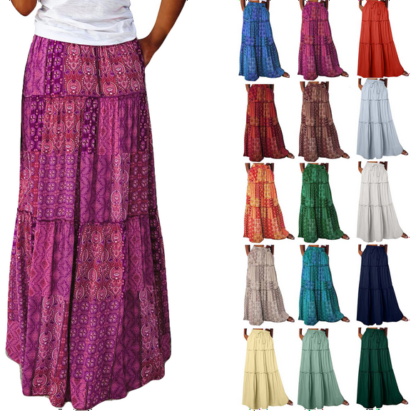 Women's Skirt Bohemian Style Loose Fitting Casual High Waisted Half Length Skirt Summer Maxi Skirts for Women Size S-2XL(US 4-12)
