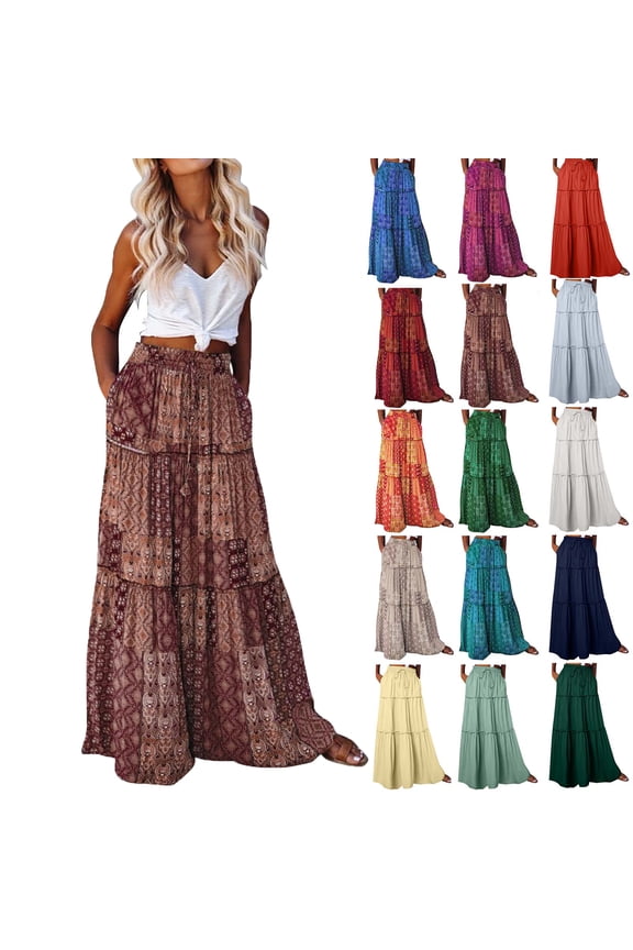 Women's Skirt Bohemian Style Loose Fitting Casual High Waisted Half Length Skirt Summer Maxi Skirts for Women Size S-2XL(US 4-12)