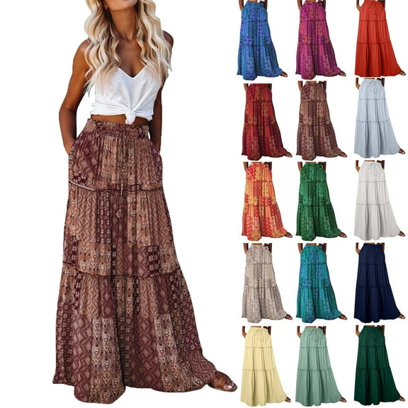 Women's Skirt Bohemian Style Loose Fitting Casual High Waisted Half Length Skirt Summer Maxi Skirts for Women Size S-2XL(US 4-12)