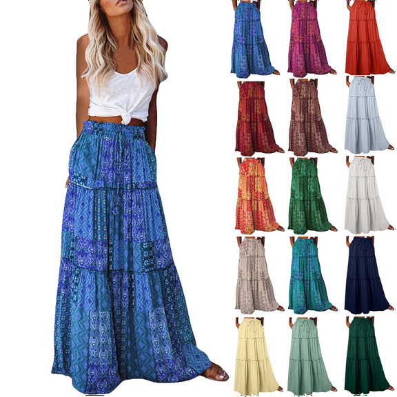 Women's Skirt Bohemian Style Loose Fitting Casual High Waisted Half Length Skirt Summer Maxi Skirts for Women Size S-2XL(US 4-12)