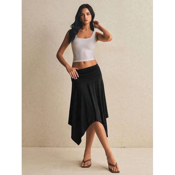 Women's Skirt, Elastic Waist Ruched Asymmetric Hem Midi Skirt, Fitted Flared Bottoms for Commute and Daily Wear