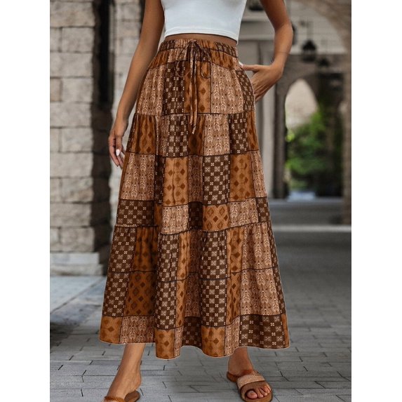 Women's Skirt, Elastic Waist Tiered A-Line Midi Skirt, Fitted Flared Bottoms for Commute and Daily Wear