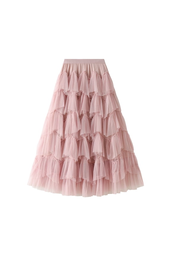 Women's Skirt Fashion A Line Pleated Skirt Long Tutu Skirt Ruffle Mesh Vintage Calf Length Chiffon High Waist Bubble Skirt Ladies Chic Skirts Spring Summer