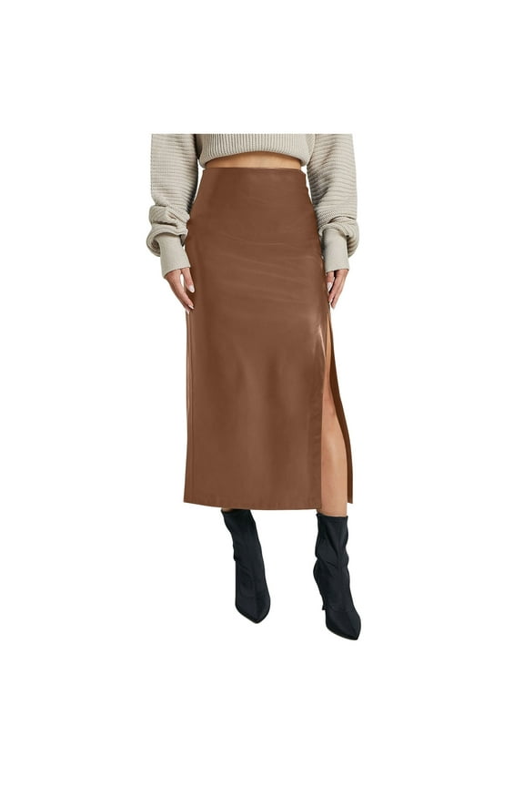 Women's Skirt High Waisted Faux Leather Skirt Bodycon Front Split Pencil Slim Fit Midi Long Skirts